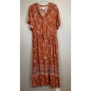 Knox Rose Womens XL Orange Floral Dress Short Flutter Sleeve V Neck Midi Long
